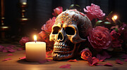 Dia de los Muertos Skull with Pink Flowers Sitting by Candlelight Digital Art by Michel Cruz-Garcia