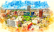 Downtown Amarillo skyline - pen and watercolor Digital Art by Nicko Prints