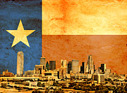 Downtown Dallas skyline blended with the Texas flag and printed on old paper texture Digital Art by Nicko Prints