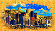 Downtown Los Angeles skyline with the Hollywood sign in the background - digital painting Digital Art by Nicko Prints