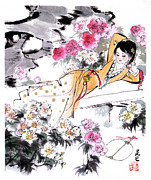 Dream of the Red Chamber - Woman Laying In Garden Painting by Liu Danzhai