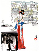 Dream of the Red Chamber - Woman Standing At Writing Table Painting by Liu Danzhai