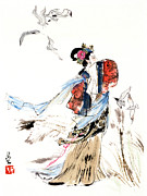 Dream of the Red Chamber - Woman Windswept In Wind Painting by Liu Danzhai