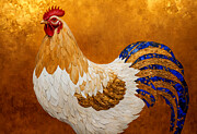 Elegant white rooster with a blue tail on golden background - digital painting Digital Art by Nicko Prints