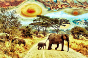 Elephants crossing the road with Jupiter sky Digital Art by Bruce Block