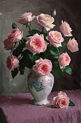 Flower painting of delicate roses in a vase Digital Art by Nature Oil Painting