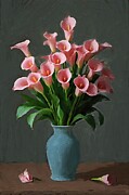 Flower painting of elegant pink calla lilies in a porcelain vase Digital Art by Nature Oil Painting