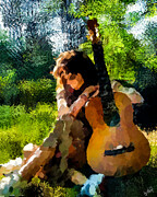 Girl with a guitar in greenery Digital Art by Gradify Creations