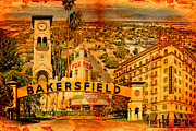 Historical buildings of Bakersfield, California, blended on old paper Digital Art by Nicko Prints