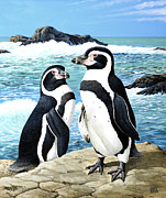 Humboldt Penguins At Ocean's Edge Painting by Chuck Ripper