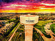 Iconic water tower in western McKinney, Texas, at sunset Digital Art by Nicko Prints