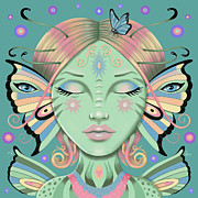 Insect Girl, Flutter - Sq. Green Digital Art by Valerie White