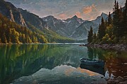 Landscape painting of a calm mountain lake Digital Art by Nature Oil Painting