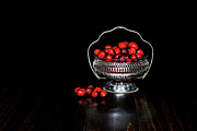 Low Key Cranberries in Silver Basket Bowl on Brown Base Photograph by Charles Floyd