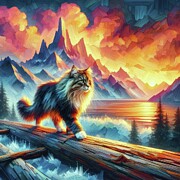 Maine Coon Cat Walking on a Log in a Stunning Mountain View Digital Art by Don Northup