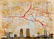 Map of Downtown Jacksonville, Florida, and skyline blended on old paper Digital Art by Nicko Prints