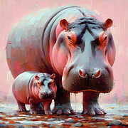 Mom and Baby Hippo Digital Art by Lucia Stewart