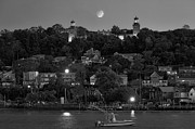 Moonset  Navesink Twin Lights BW Photograph by Susan Candelario