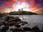 Nubble Light Sunrise Painting Painting by Dan Sproul