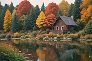 Autumn Cabin Painting Digital Art by Nature Oil Painting