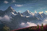 Painting of a majestic mountain range Digital Art by Nature Oil Painting