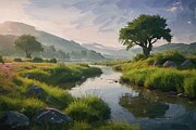 Peaceful Riverside Oil Painting Digital Art by Nature Oil Painting