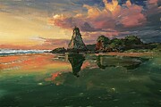 Painting of wonderful sea stacks rocks Digital Art by Nature Oil Painting