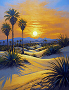 Palm trees and bushes growing between sand dunes in the desert at sunset - painting Digital Art by Nicko Prints