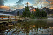 Pyramid Island Bridge Canadian Rockies Sunrise Photograph by Dan Sproul