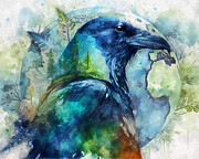 Raven Creator And Earth Watercolor Painting by Dan Sproul