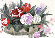Red And Purple Tulips Painting by Wang Zhenhua