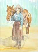 Retro Cowgirl with Blue Jean Shirt and Horse Painting by Carla E