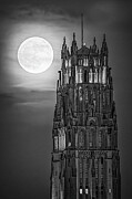 Rockefeller Cathedral And Strawberry Moon BW Photograph by Susan Candelario