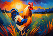Rooster in tall grass at sunset - colorful painting Digital Art by Nicko Prints