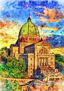 Saint Joseph's Oratory in Montreal, Canada, at sunset - pen and watercolor Digital Art by Nicko Prints