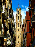 Santa Maria del Mar Tower Framed by Barcelona's Historic Streets Photograph by Travel Essayist