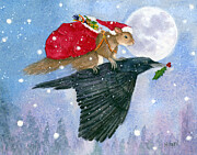 Santa Squirrel and Crow Painting by Marie Stone-van Vuuren