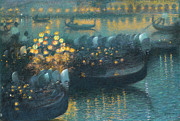 Serenade to the Moonlight, Venice harbor night scene with boats by Lucien-Levy Dhurmer Painting by Lucien-Levy Dhurmer