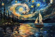 Starry Night Boat Sailing 2 Impressionist Oil Painting Digital Art by Nature Oil Painting