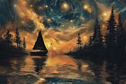 Starry Night Impressionist Boat Sailing Digital Oil Painting Digital Art by Nature Oil Painting