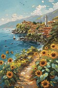 SunFlowers At Coastal Village Digital Oil Painting Digital Art by Nature Oil Painting