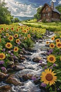 Sunflowers In The Cabin Digital Oil Painting Digital Art by Nature Oil Painting