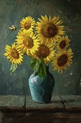 Sunflowers In Vase With A Bee Digital Oil painting Digital Art by Nature Oil Painting
