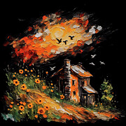 Sunset Cottage and Sunflowers Digital Art by Deb Beausoleil