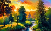 Sunset over a meandering creek surrounded by trees - digital painting Digital Art by Nicko Prints