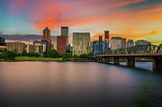 Sunset over Portland downtown and the Willamette River in Portland, Oregon Photograph by Miroslav Liska