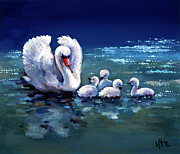 Swan Mother And Chicks Painting by Wan Weisheng