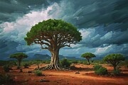 Tree painting of Socotra dragon tree under dramatic stormy skies Digital Art by Nature Oil Painting