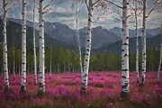 Tree paintings of peaceful birch trees and mountains Digital Art by Nature Oil Painting