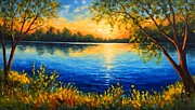 Trees in front of a lake in the sunset light - digital painting Digital Art by Nicko Prints